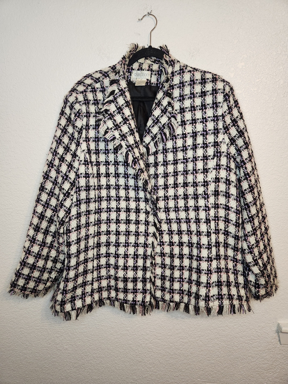 Carlucci vintage pink purple White Tweed Fringed Jacket 24 padded shoulders
